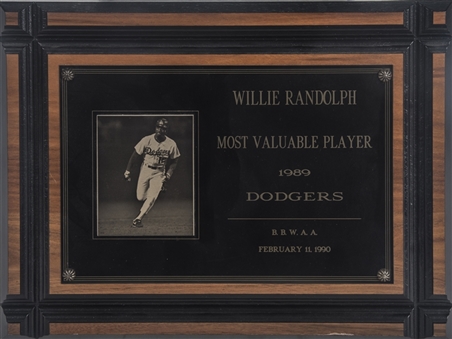 1989 Los Angeles Dodgers Most Valuable Player Award Presented to Willie Randolph (Randolph LOA)